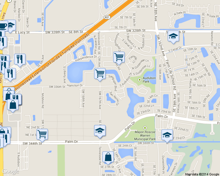 map of restaurants, bars, coffee shops, grocery stores, and more near 1630 Sandpiper Boulevard in Homestead