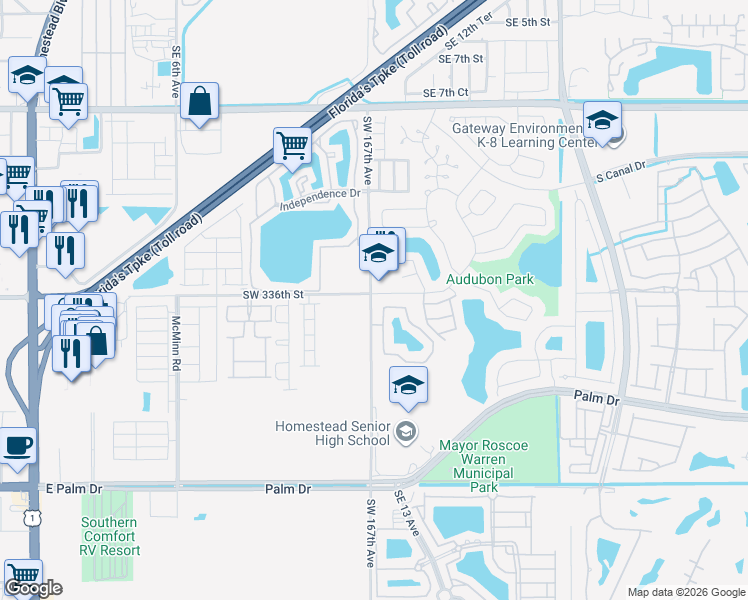 map of restaurants, bars, coffee shops, grocery stores, and more near 1400 San Remo Circle in Homestead