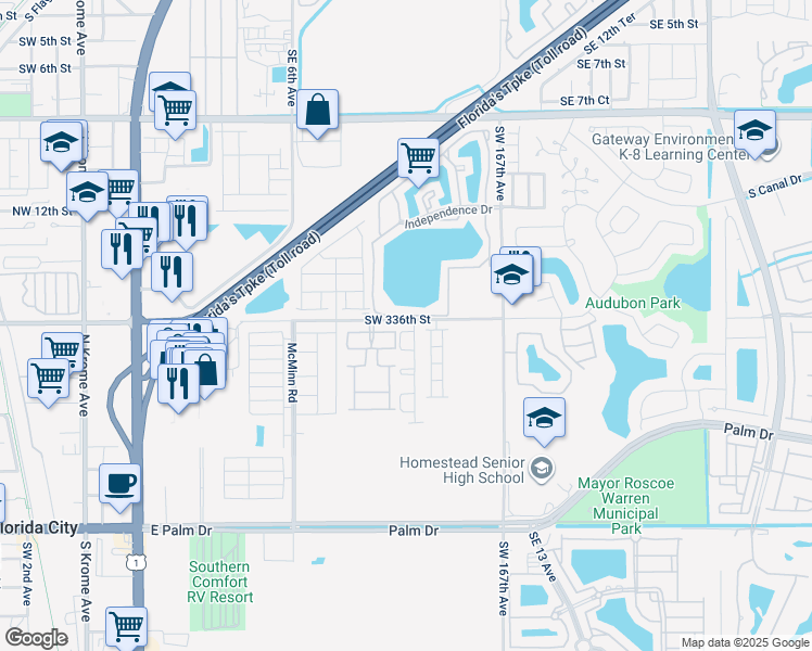 map of restaurants, bars, coffee shops, grocery stores, and more near 889 Hamilton Drive in Homestead