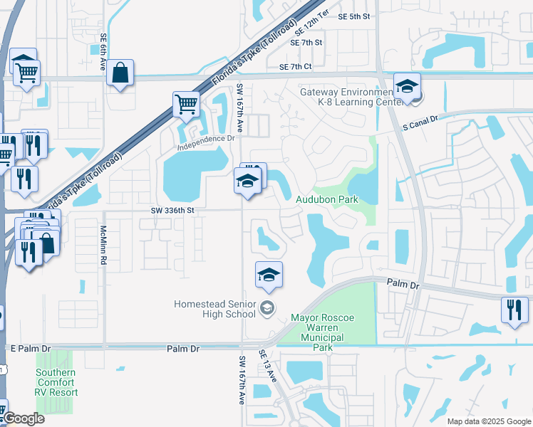 map of restaurants, bars, coffee shops, grocery stores, and more near 1630 Sandpiper Boulevard in Homestead