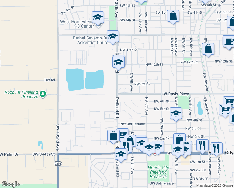 map of restaurants, bars, coffee shops, grocery stores, and more near 966 West Davis Parkway in Florida City