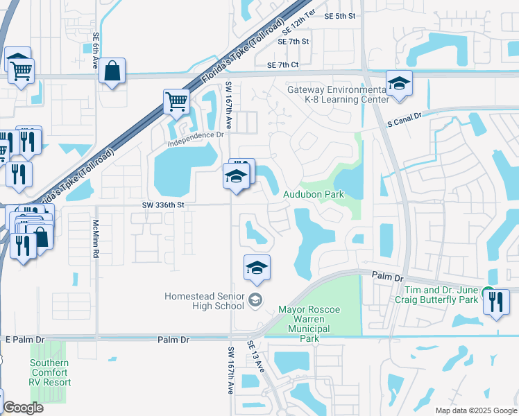map of restaurants, bars, coffee shops, grocery stores, and more near 1630 Sandpiper Boulevard in Homestead