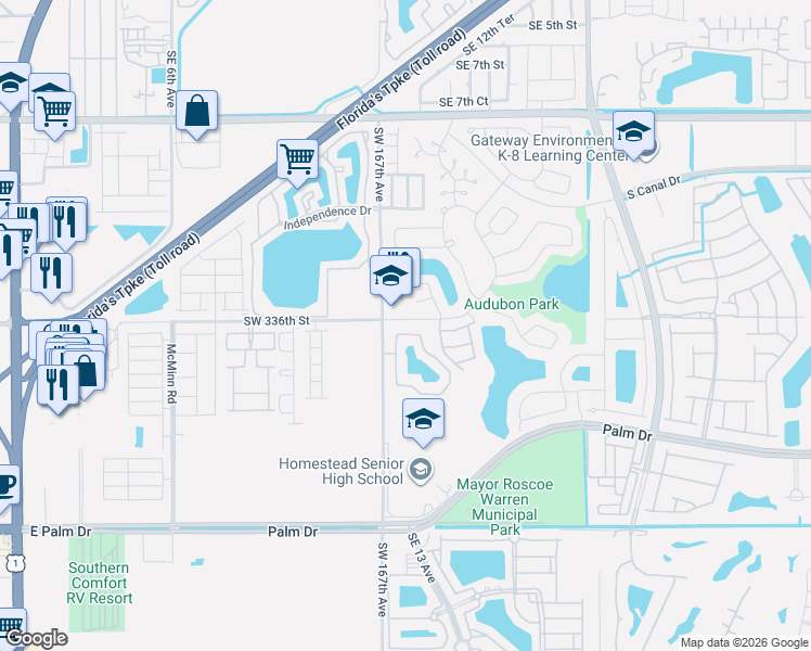 map of restaurants, bars, coffee shops, grocery stores, and more near 1400 San Remo Circle in Homestead