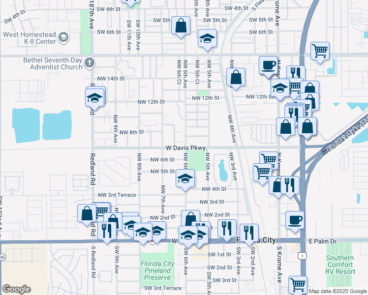 map of restaurants, bars, coffee shops, grocery stores, and more near in Florida City