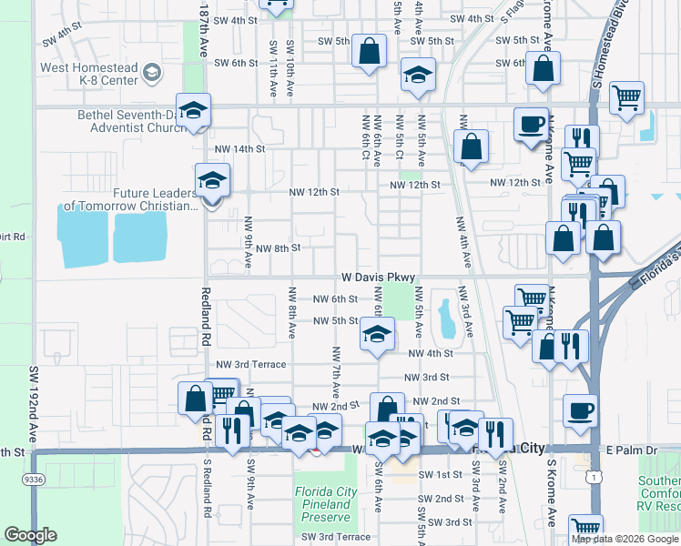 map of restaurants, bars, coffee shops, grocery stores, and more near 680 West Davis Parkway in Florida City