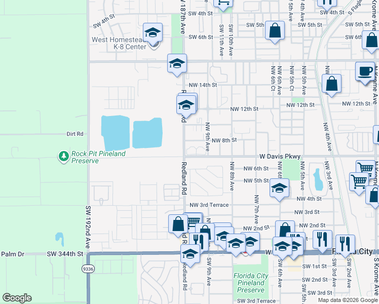 map of restaurants, bars, coffee shops, grocery stores, and more near 966 West Davis Parkway in Florida City