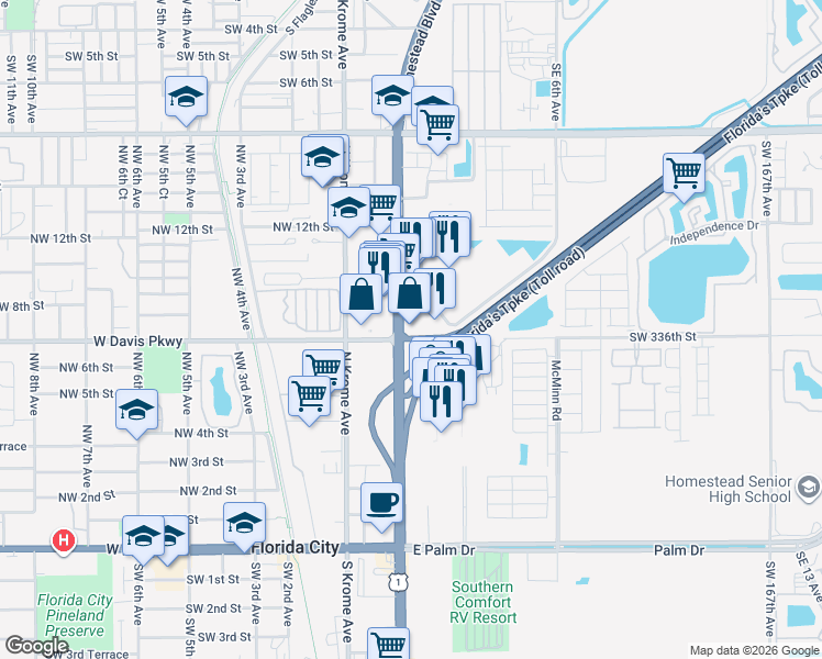 map of restaurants, bars, coffee shops, grocery stores, and more near 553 Northeast 1st Avenue in Florida City