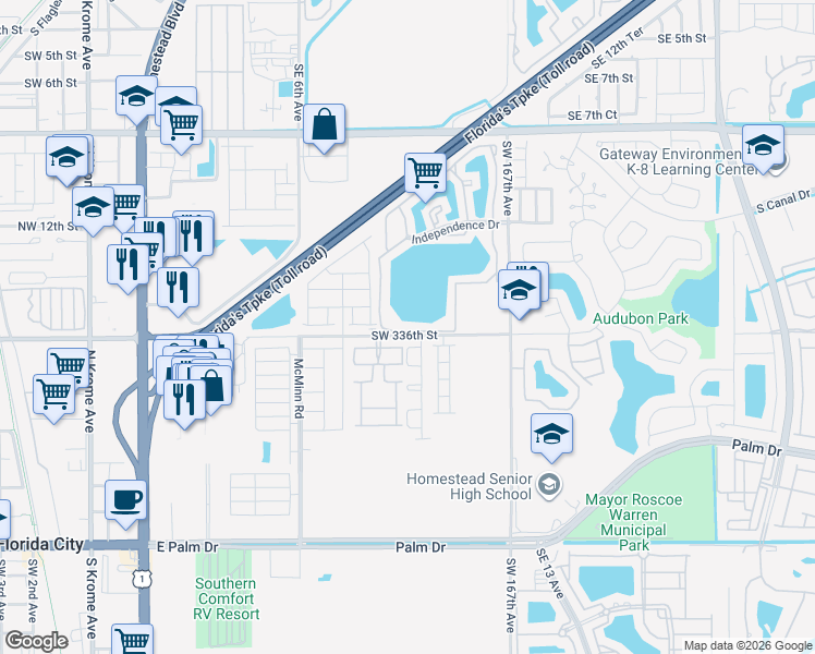 map of restaurants, bars, coffee shops, grocery stores, and more near 889 Hamilton Drive in Homestead