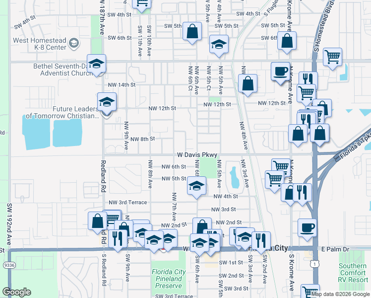 map of restaurants, bars, coffee shops, grocery stores, and more near 680 West Davis Parkway in Florida City