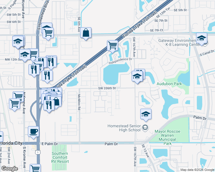 map of restaurants, bars, coffee shops, grocery stores, and more near 889 Hamilton Drive in Homestead