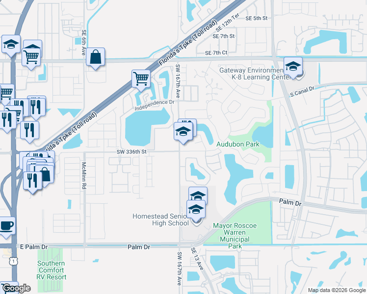 map of restaurants, bars, coffee shops, grocery stores, and more near 1541 Southeast 12th Avenue in Homestead