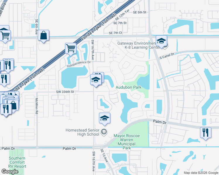 map of restaurants, bars, coffee shops, grocery stores, and more near 1439 Sandpiper Boulevard in Homestead