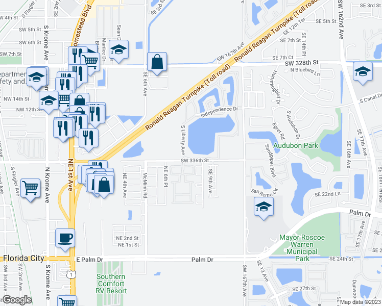 map of restaurants, bars, coffee shops, grocery stores, and more near 1533 South Liberty Avenue in Florida City