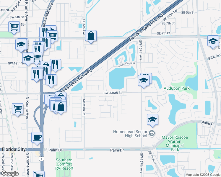 map of restaurants, bars, coffee shops, grocery stores, and more near 1533 South Liberty Avenue in Homestead