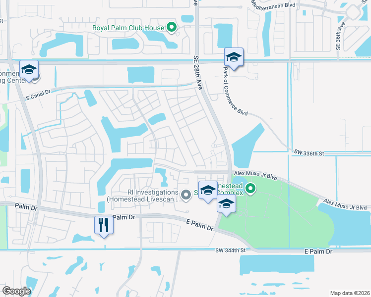 map of restaurants, bars, coffee shops, grocery stores, and more near 1427 Southeast 26th Avenue in Homestead