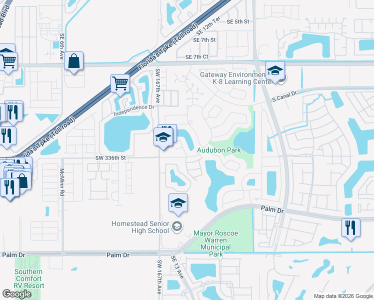 map of restaurants, bars, coffee shops, grocery stores, and more near 1439 Sandpiper Boulevard in Homestead