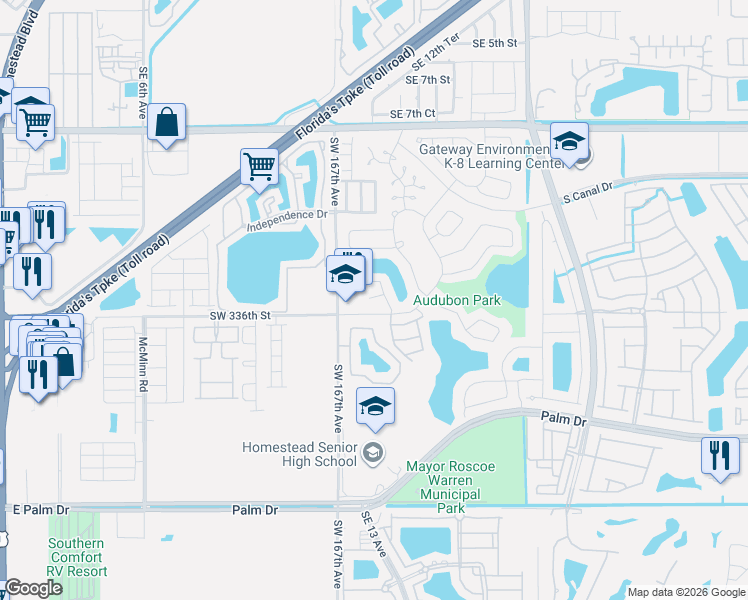 map of restaurants, bars, coffee shops, grocery stores, and more near 1439 Sandpiper Boulevard in Homestead