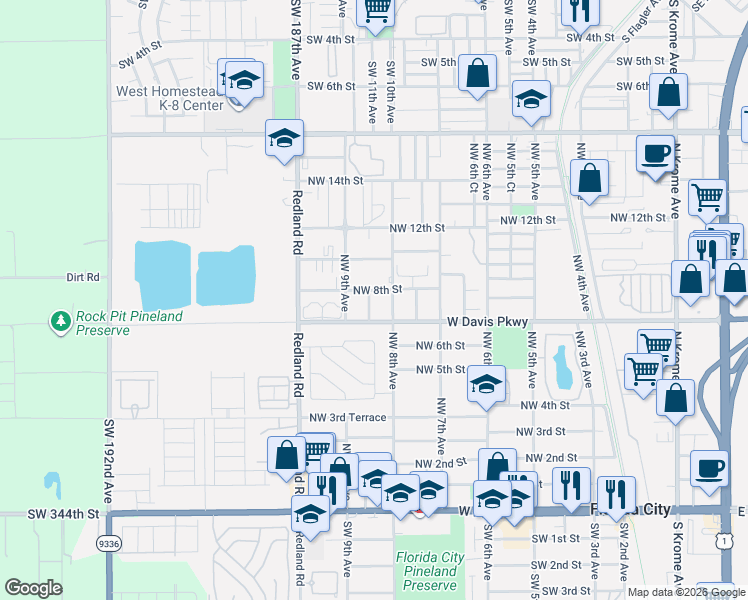 map of restaurants, bars, coffee shops, grocery stores, and more near in Florida City