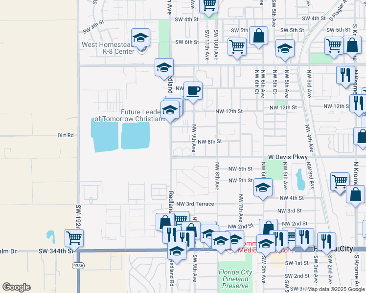 map of restaurants, bars, coffee shops, grocery stores, and more near 950 West Davis Parkway in Florida City