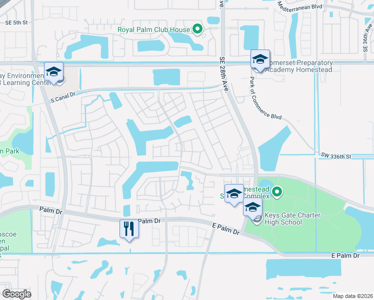 map of restaurants, bars, coffee shops, grocery stores, and more near 1420 Southeast 25th Street in Homestead