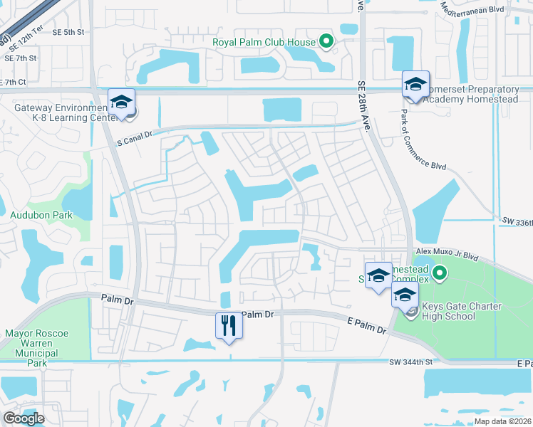 map of restaurants, bars, coffee shops, grocery stores, and more near 2377 Southeast 14th Street in Homestead