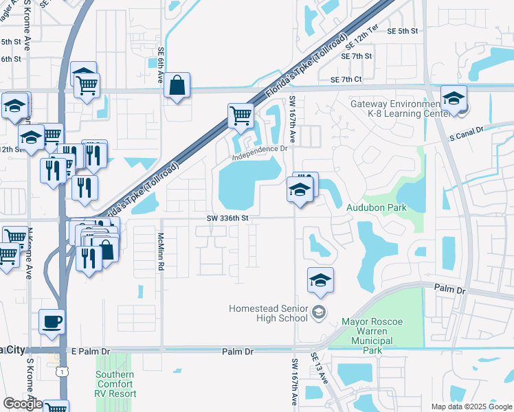map of restaurants, bars, coffee shops, grocery stores, and more near 1400 Jefferson Drive in Homestead