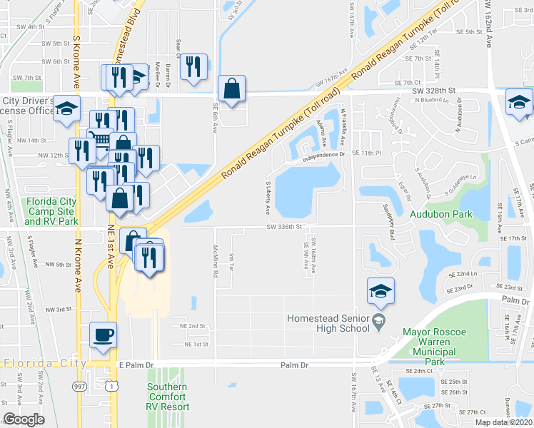 map of restaurants, bars, coffee shops, grocery stores, and more near 1453 South Liberty Avenue in Homestead