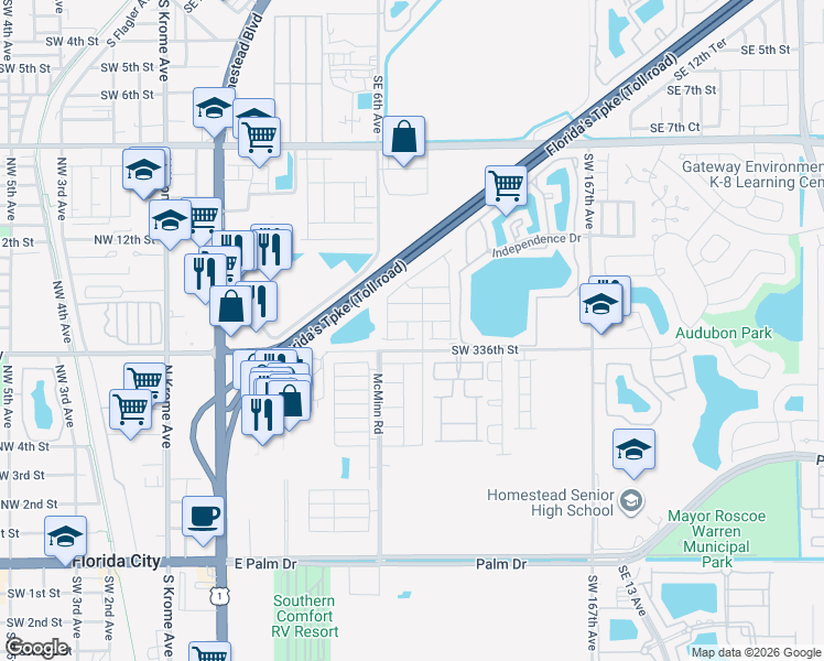 map of restaurants, bars, coffee shops, grocery stores, and more near 585 McMinn Road in Florida City