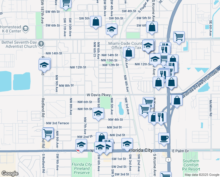 map of restaurants, bars, coffee shops, grocery stores, and more near 537 Northwest 8th Street in Florida City