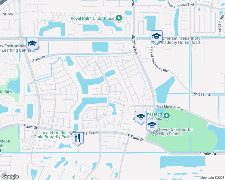 map of restaurants, bars, coffee shops, grocery stores, and more near 1420 Southeast 25th Street in Homestead
