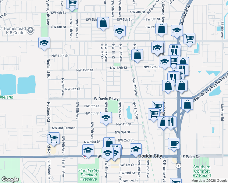 map of restaurants, bars, coffee shops, grocery stores, and more near 537 Northwest 8th Street in Florida City