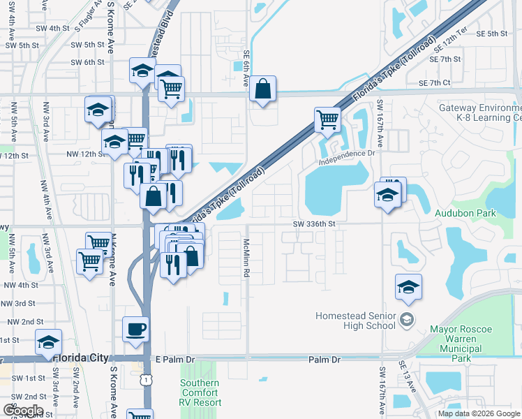 map of restaurants, bars, coffee shops, grocery stores, and more near 585 McMinn Road in Florida City
