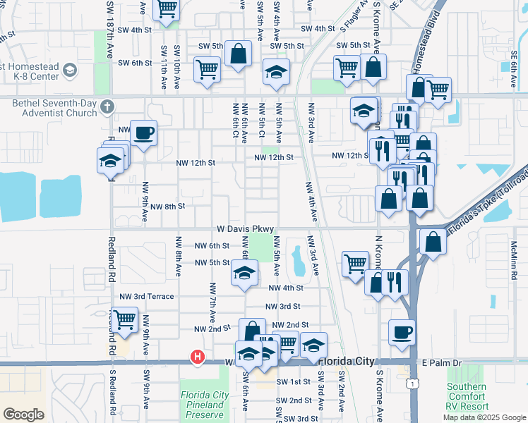 map of restaurants, bars, coffee shops, grocery stores, and more near 537 Northwest 8th Street in Florida City