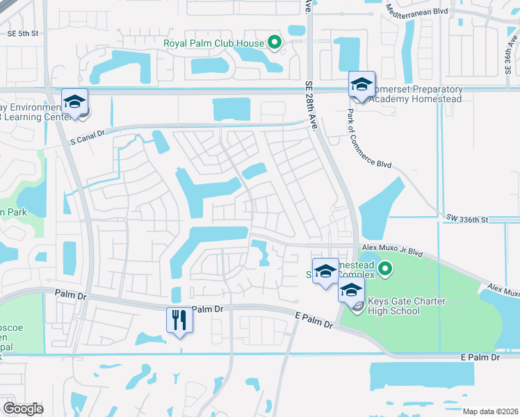 map of restaurants, bars, coffee shops, grocery stores, and more near 1420 Southeast 25th Street in Homestead