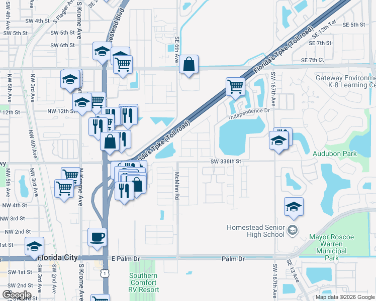 map of restaurants, bars, coffee shops, grocery stores, and more near 585 McMinn Road in Florida City