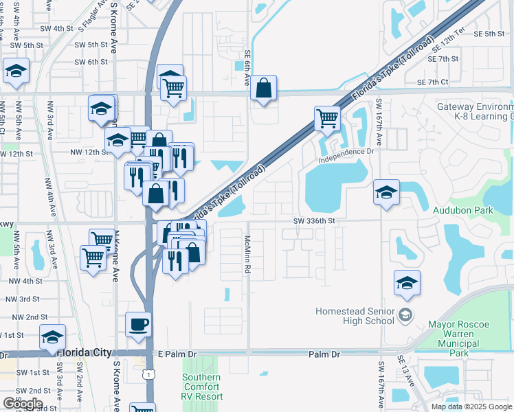 map of restaurants, bars, coffee shops, grocery stores, and more near Homestead Extension of Florida's Turnpike in Florida City
