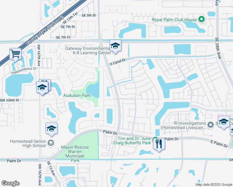 map of restaurants, bars, coffee shops, grocery stores, and more near Farmlife School Road in Homestead