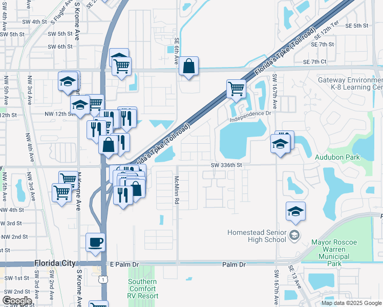 map of restaurants, bars, coffee shops, grocery stores, and more near 585 McMinn Road in Florida City