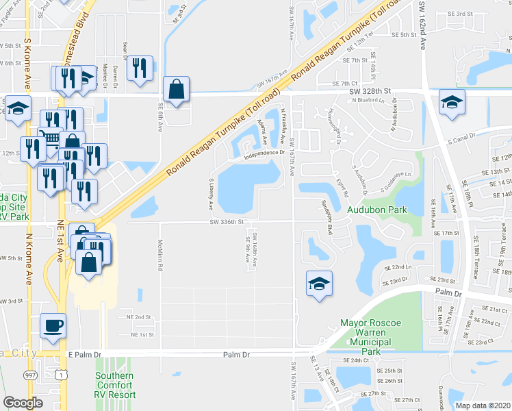 map of restaurants, bars, coffee shops, grocery stores, and more near 1400 Jefferson Drive in Homestead