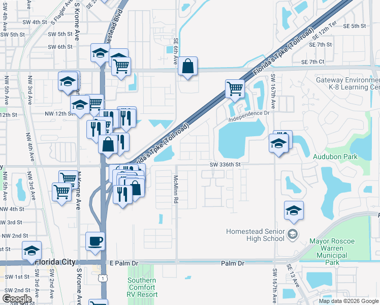 map of restaurants, bars, coffee shops, grocery stores, and more near 585 McMinn Road in Florida City