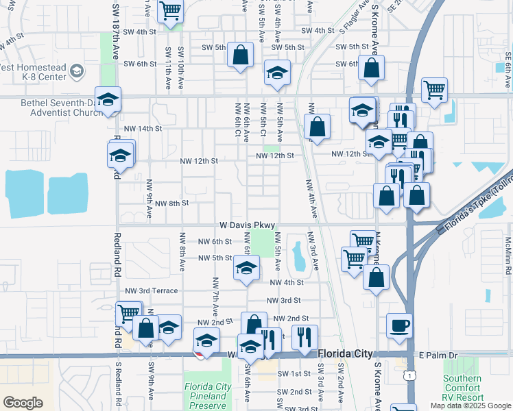map of restaurants, bars, coffee shops, grocery stores, and more near 648 Northwest 8th Street in Florida City