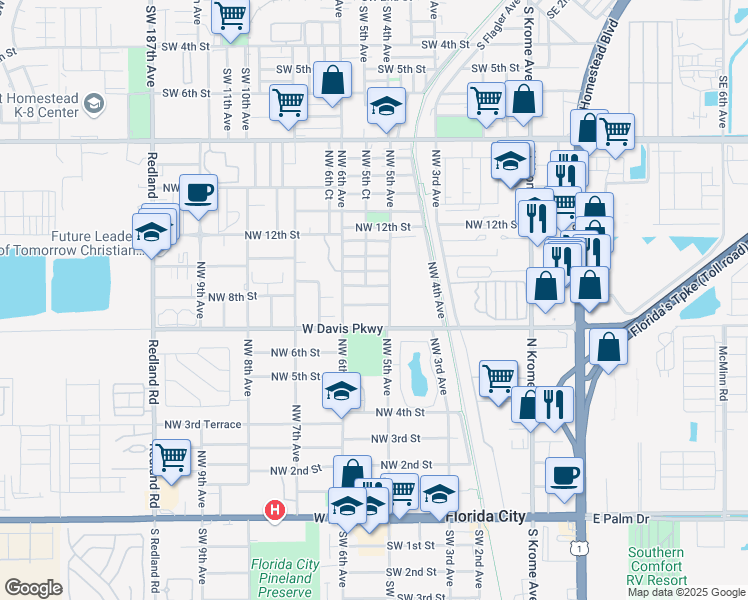 map of restaurants, bars, coffee shops, grocery stores, and more near 537 Northwest 8th Street in Florida City