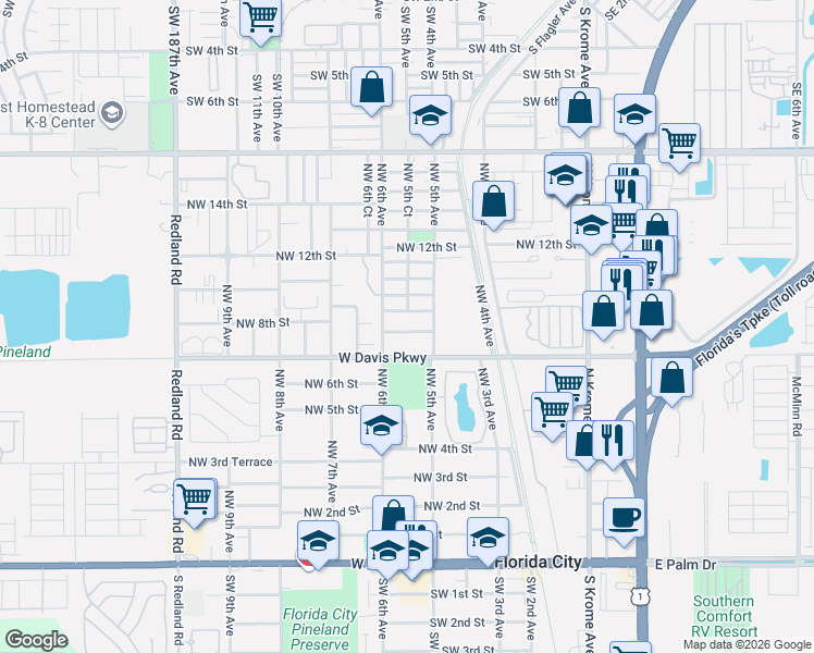 map of restaurants, bars, coffee shops, grocery stores, and more near 537 Northwest 8th Street in Florida City