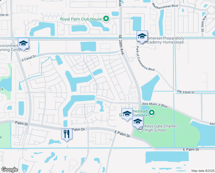 map of restaurants, bars, coffee shops, grocery stores, and more near 1427 Southeast 26th Avenue in Homestead