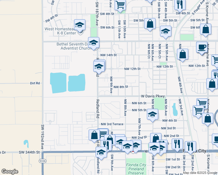 map of restaurants, bars, coffee shops, grocery stores, and more near 873 Northwest 9th Avenue in Homestead