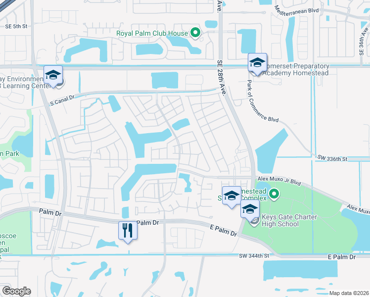 map of restaurants, bars, coffee shops, grocery stores, and more near 1420 Southeast 25th Street in Homestead