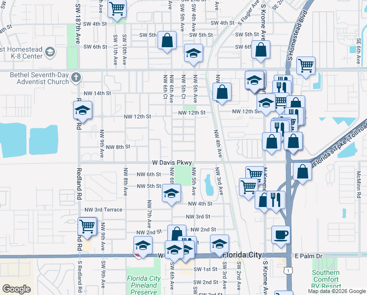 map of restaurants, bars, coffee shops, grocery stores, and more near 537 Northwest 8th Street in Florida City