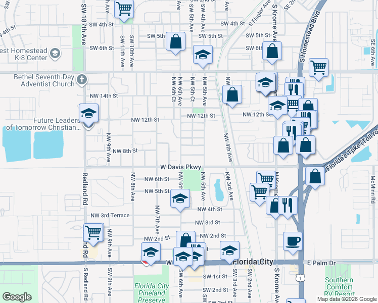 map of restaurants, bars, coffee shops, grocery stores, and more near 537 Northwest 8th Street in Florida City