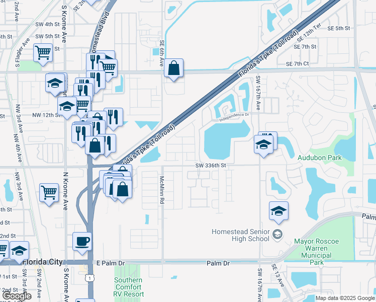 map of restaurants, bars, coffee shops, grocery stores, and more near 585 McMinn Road in Florida City