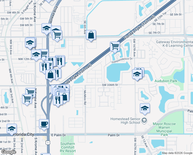 map of restaurants, bars, coffee shops, grocery stores, and more near 585 McMinn Road in Florida City